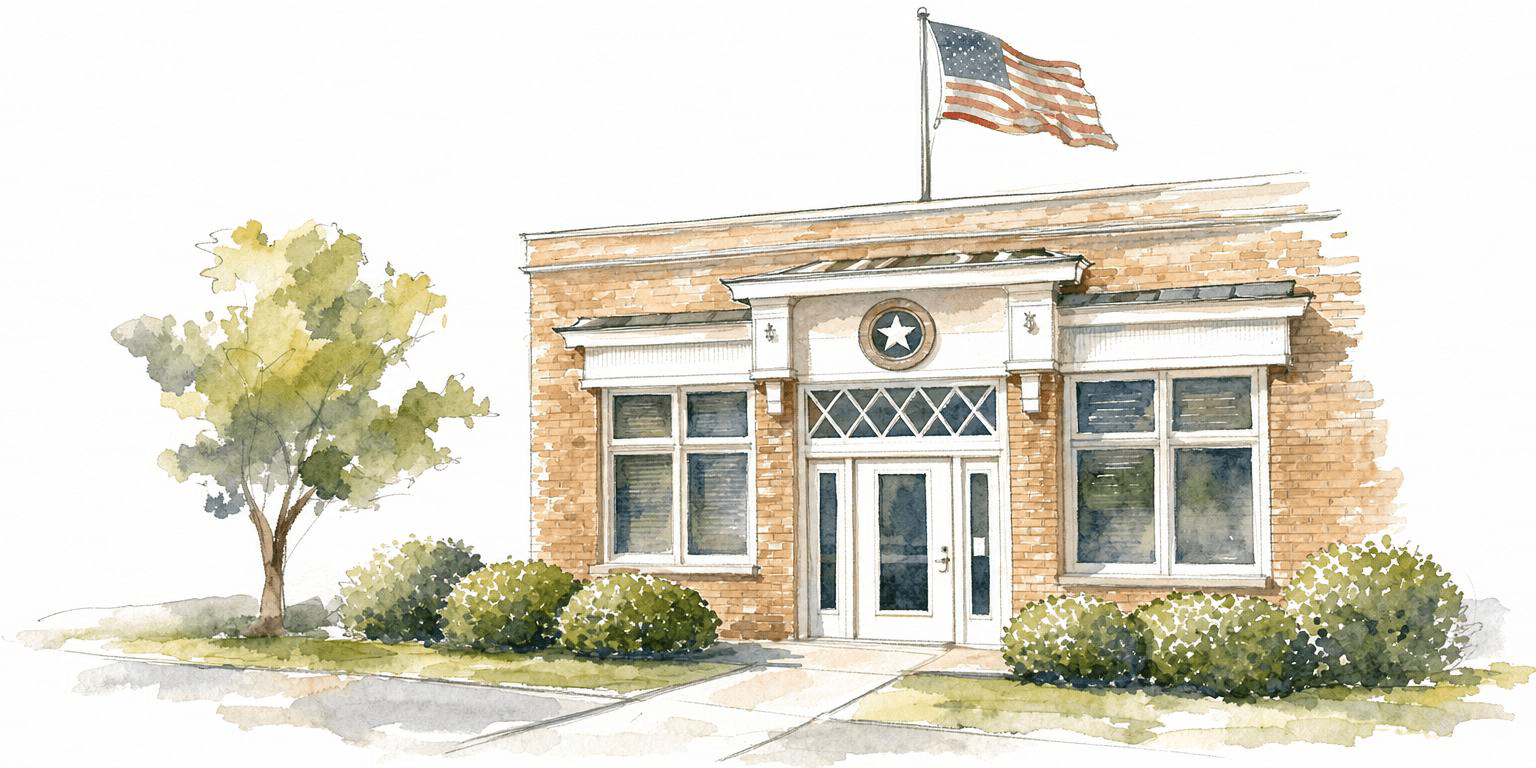 Watercolour illustration of a brick civic building flying an American flag